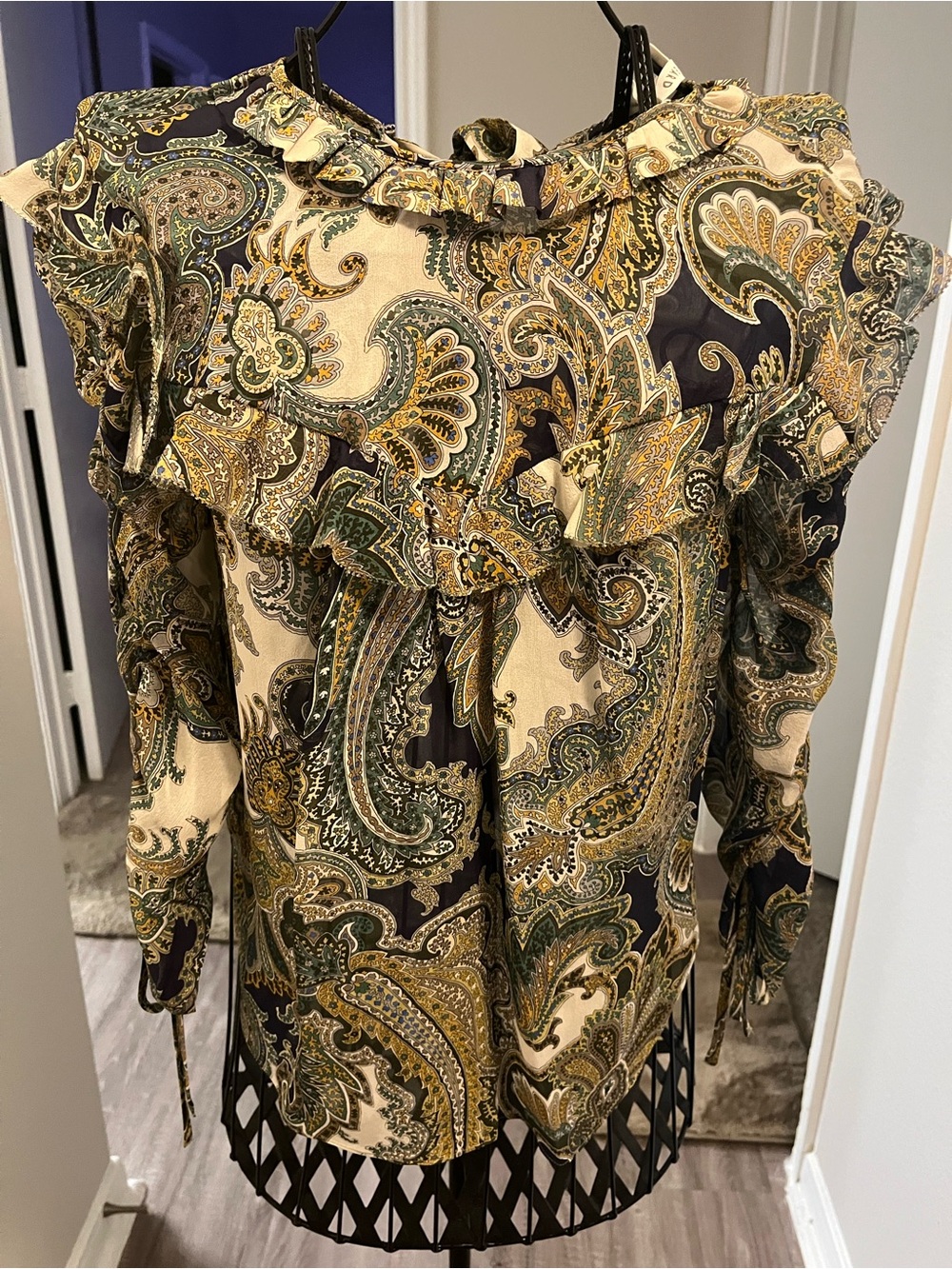 Veronica Beard Women’s Paisley Silk Ruffle Blouse in Olive & Cream